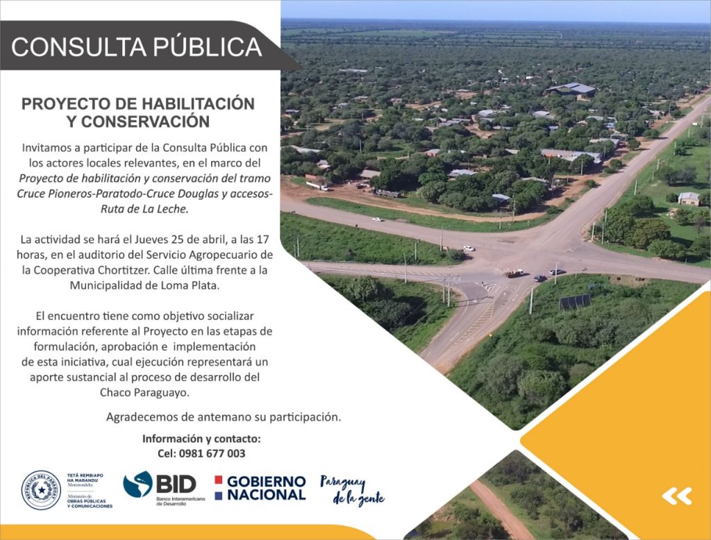 Ruta de la leche: MOPC realizará consulta informativa con la ciudadanía en Loma Plata