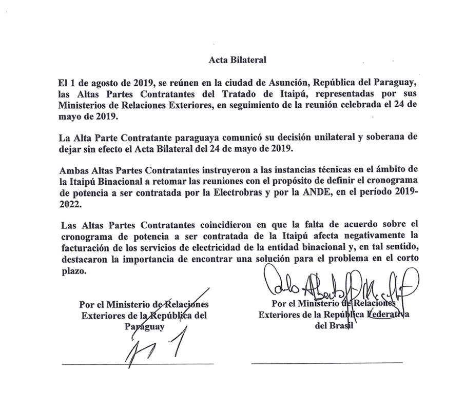 Paraguay y Brasil deciden anular acta de Itaipú