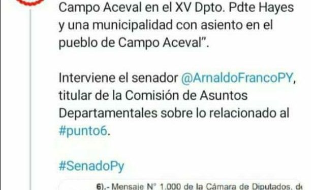 Senado aprueba la creación del distrito de Campo Aceval