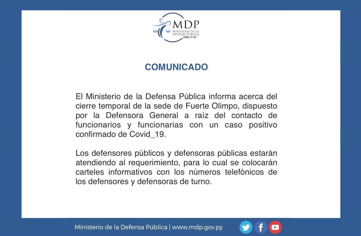 Defensoría Pública cierra sedes de Fuerte Olimpo y Casado ante riesgo de COVID-19