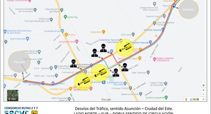 Aplican desde hoy los desvíos temporales en Ypacaraí por obras de la ruta PY02