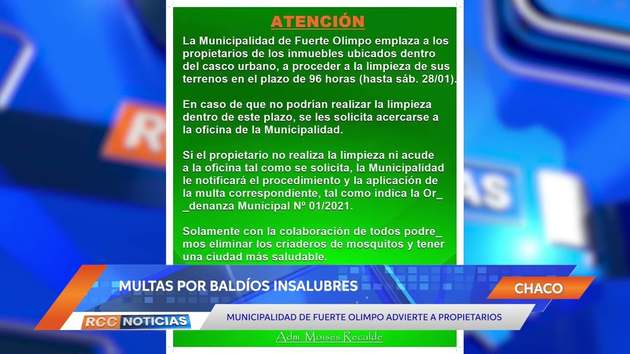 Municipalidad de Fuerte Olimpo advierte a propietarios sobre la aplicación de multas por baldíos