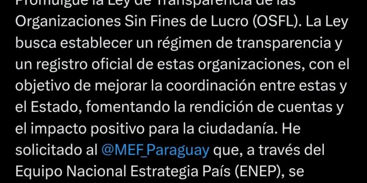 Presidente Santiago Peña promulga la Ley de Transparencia para Organizaciones Sin Fines de Lucro