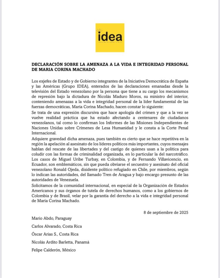 Expresidentes paraguayos apoyan declaración contra amenazas a María Corina Machado