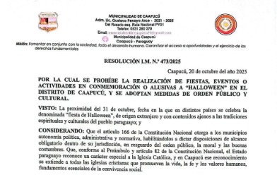 Caapucú prohíbe fiestas y eventos alusivos a Halloween “para proteger tradiciones culturales y religiosas” Caapucú prohíbe fiestas y eventos alusivos a Halloween “para proteger tradiciones culturales y religiosas”