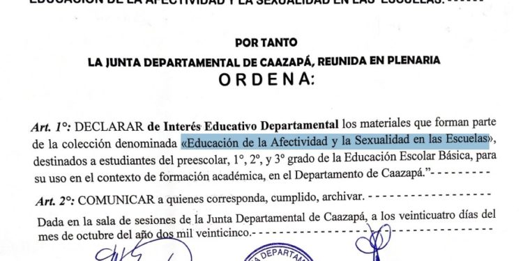 Caazapá declara de interés educativo departamental los materiales sobre afectividad y sexualidad en escuelas