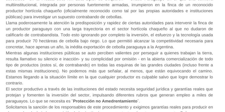 Gremios de la producción repudian operativo multiinstitucional contra un productor de cebollas en el Chaco