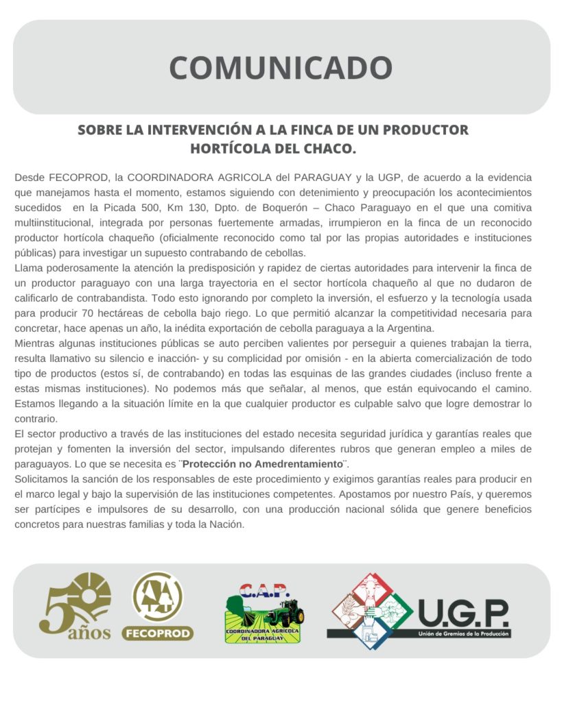 Gremios de la producción repudian operativo multiinstitucional contra un productor de cebollas en el Chaco