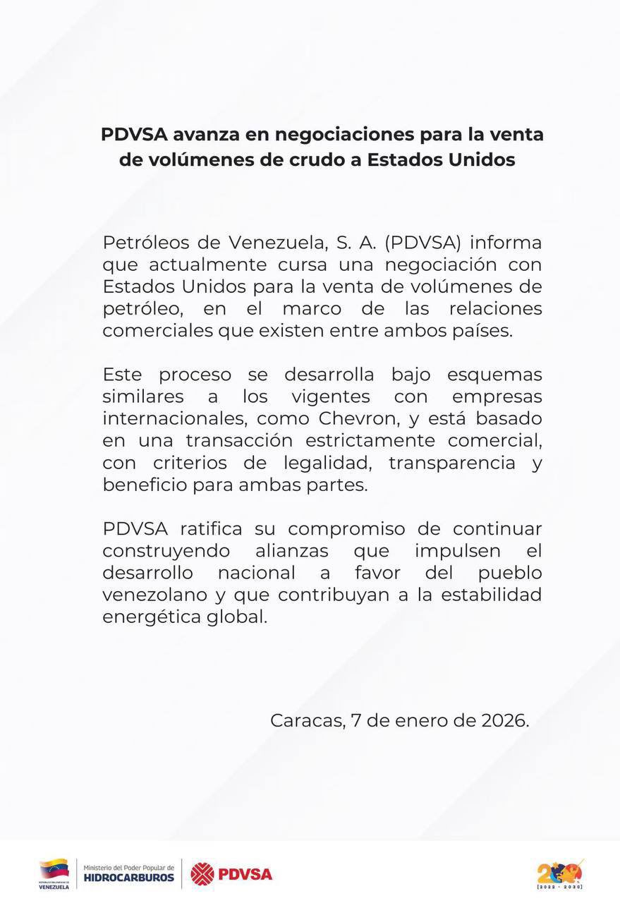 PDVSA confirma negociaciones con EEUU para vender petróleo tras flexibilización de sanciones