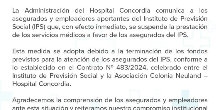 Lamentable e indignante: asegurados del IPS se quedan sin cobertura en Hospital Concordia Lamentable e indignante: asegurados del IPS se quedan sin cobertura en Hospital Concordia