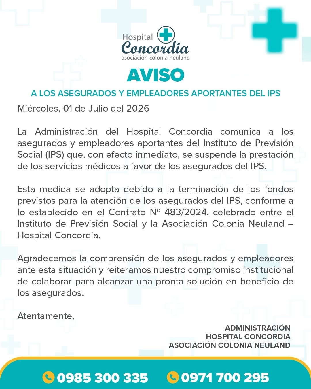 Lamentable e indignante: asegurados del IPS se quedan sin cobertura en Hospital Concordia Lamentable e indignante: asegurados del IPS se quedan sin cobertura en Hospital Concordia