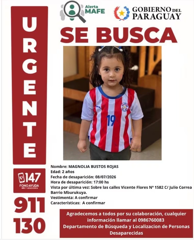 Activan Alerta MAFE en Paraguay: Buscan a una niña de dos años sustraída por su padre chileno
