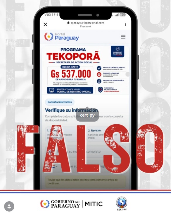 Cuidado con las estafas: alertan sobre sitio falso que suplanta a Portal Paraguay y utiliza el programa Tekoporã