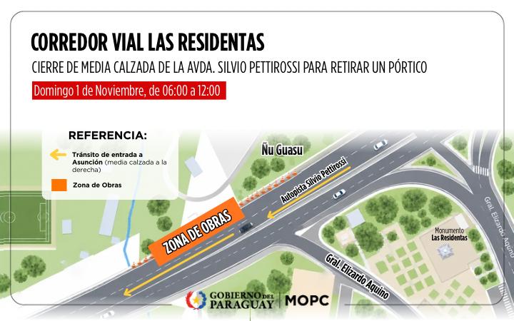 Retiro de pórtico obligará a utilizar media calzada en la autopista Silvio Pettirossi Retiro de pórtico obligará a utilizar media calzada en la autopista Silvio Pettirossi