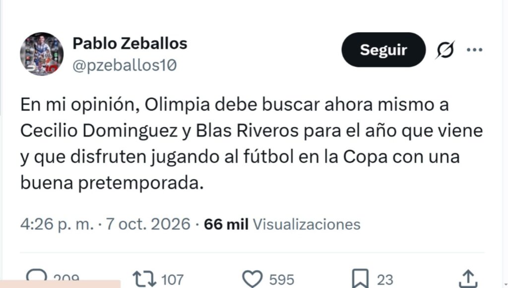 Bomba en el mercado paraguayo: Pablo Zeballos exige a Olimpia los fichajes de Cecilio Domínguez y Blas Riveros y desata la furia de la hinchada Bomba en el mercado paraguayo: Pablo Zeballos exige a Olimpia los fichajes de Cecilio Domínguez y Blas Riveros y desata la furia de la hinchada