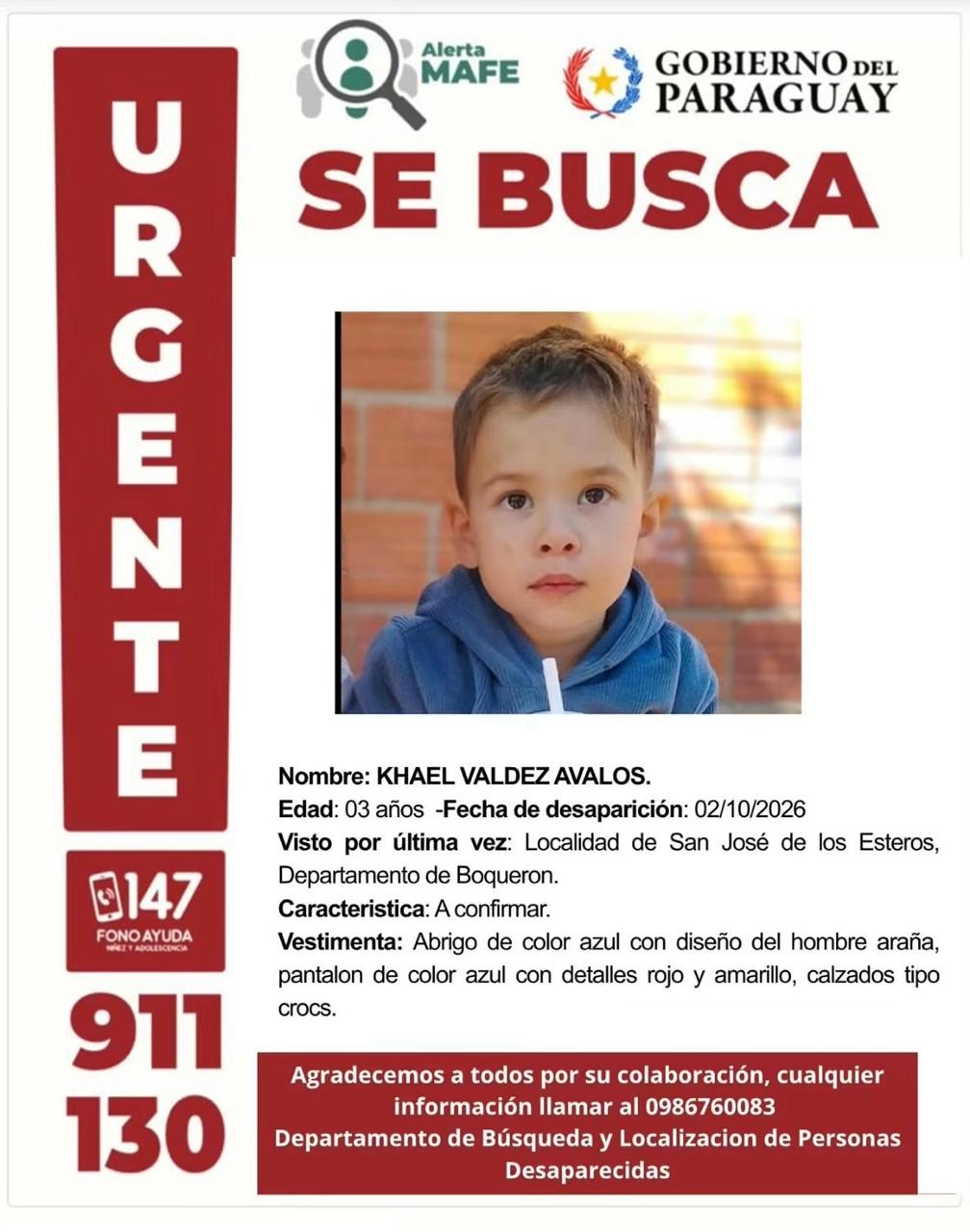 Buscan a niño de 3 años desaparecido en Boquerón